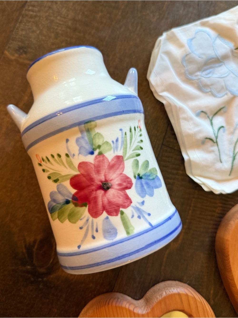 Hand-Painted Ceramic Floral Vase with Blue Trim